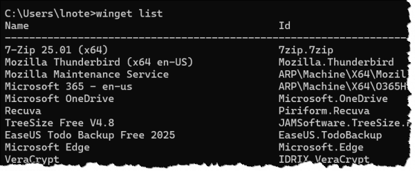 Winget list results.