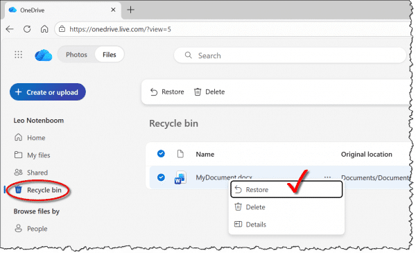 Restoring a file from the OneDrive.com Recycle Bin.