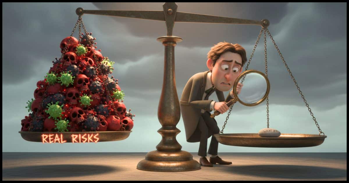 The Scale of Risk: A balance scale. On one side, a giant pile of "Real Risks" (represented by skulls or viruses). On the other side, a tiny, microscopic "What If?" pebble. The person in the image is obsessing over the pebble examining it closely with a magnifying glass while the giant pile looms over them.