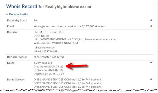 The beginning of whois information about reallybigbookstore.com.