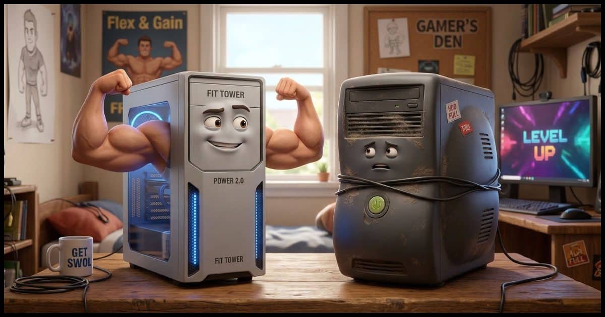 f two computers on a desk. One computer is a PC tower bulging as if "overweight", and the other is a normal tower, sprouting muscular human arms flexing biceps.