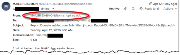 Mailer daemon sending me a DMARC mail delivery report.