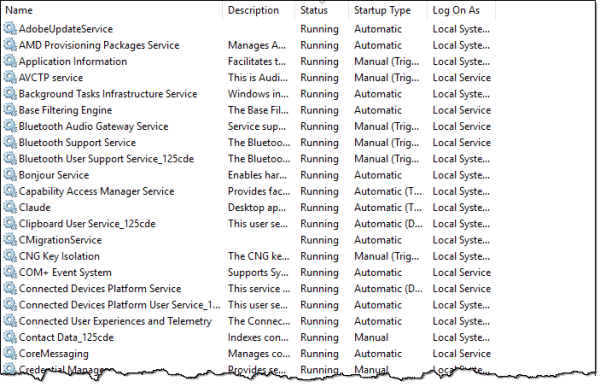 A partial list of the services/daemons running on my PC.