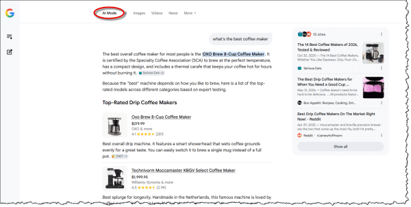 Google AI mode results for "What's the best coffee maker?"