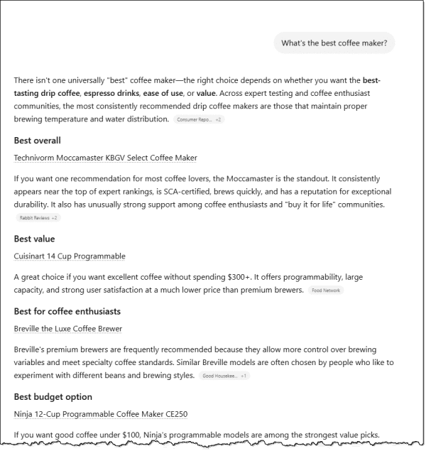 ChatGPT results for "What's the best coffee maker?"