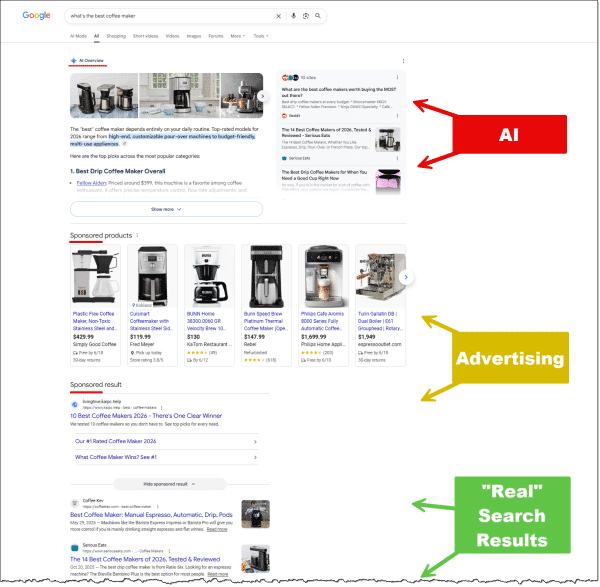Google search results for "What's the best coffee maker?"