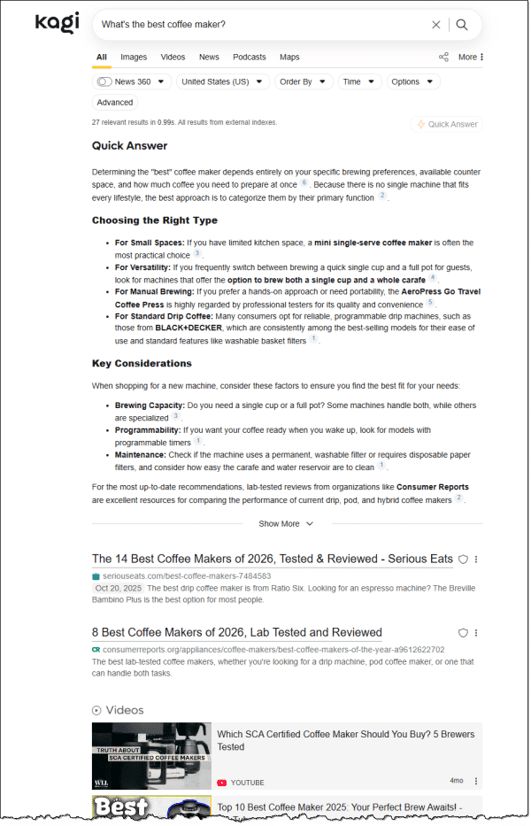 Kagi results for "What's the best coffee maker?"