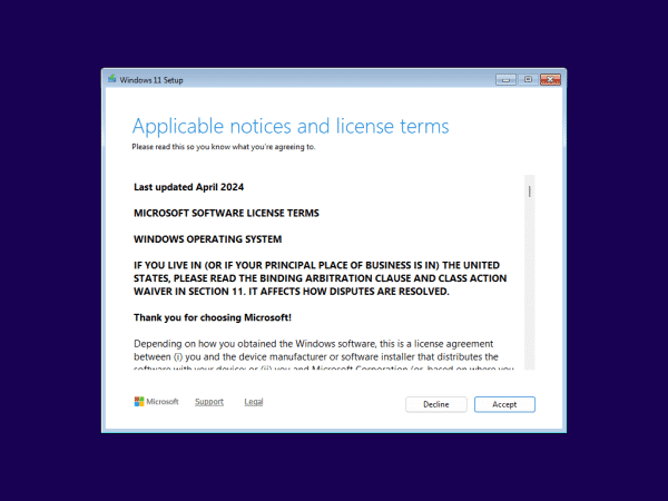 Windows 11 Terms of Service at installation time.