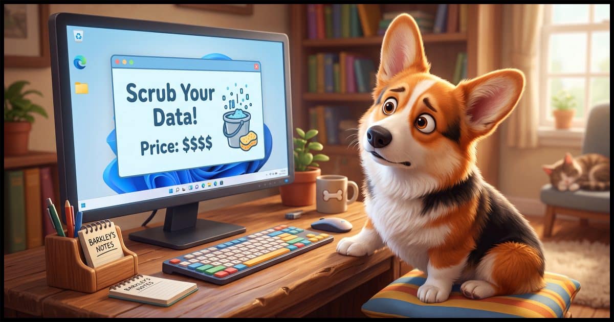 A Corgi looking quizzically at a Windows PC computer screen which has on it:Scrub Your Data! Price: $$$$