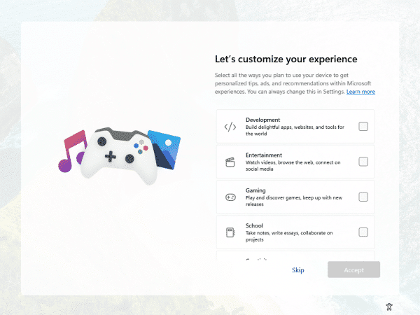 Setup's customize your Windows experience screen.