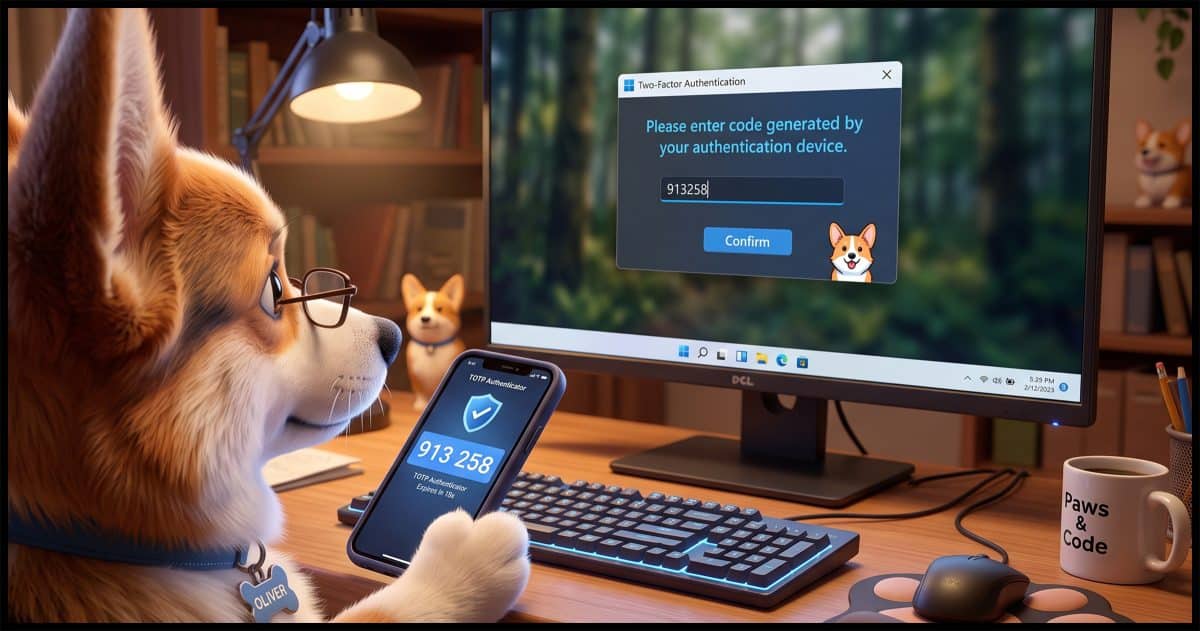 A closeup over the shoulder shot of a Corgi looking at his Windows PC. In his paw is a mobile phone displaying a TOTP app and code, and the computer's screen has a message "Please enter code generated by your authentication device."